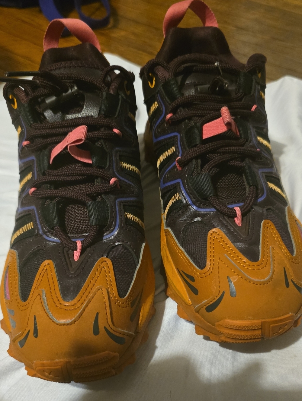 adidas Originals Brown and Orange Trail Sneakers with Pink Accents and Blue Trim